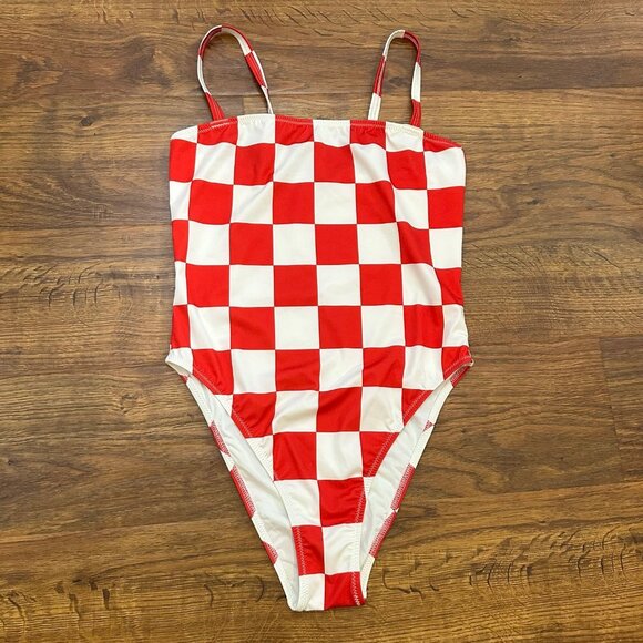 Solid & Striped RE/DONE Malibu Red White Check Retro Hi-Cut Swimsuit - Picture 2 of 5